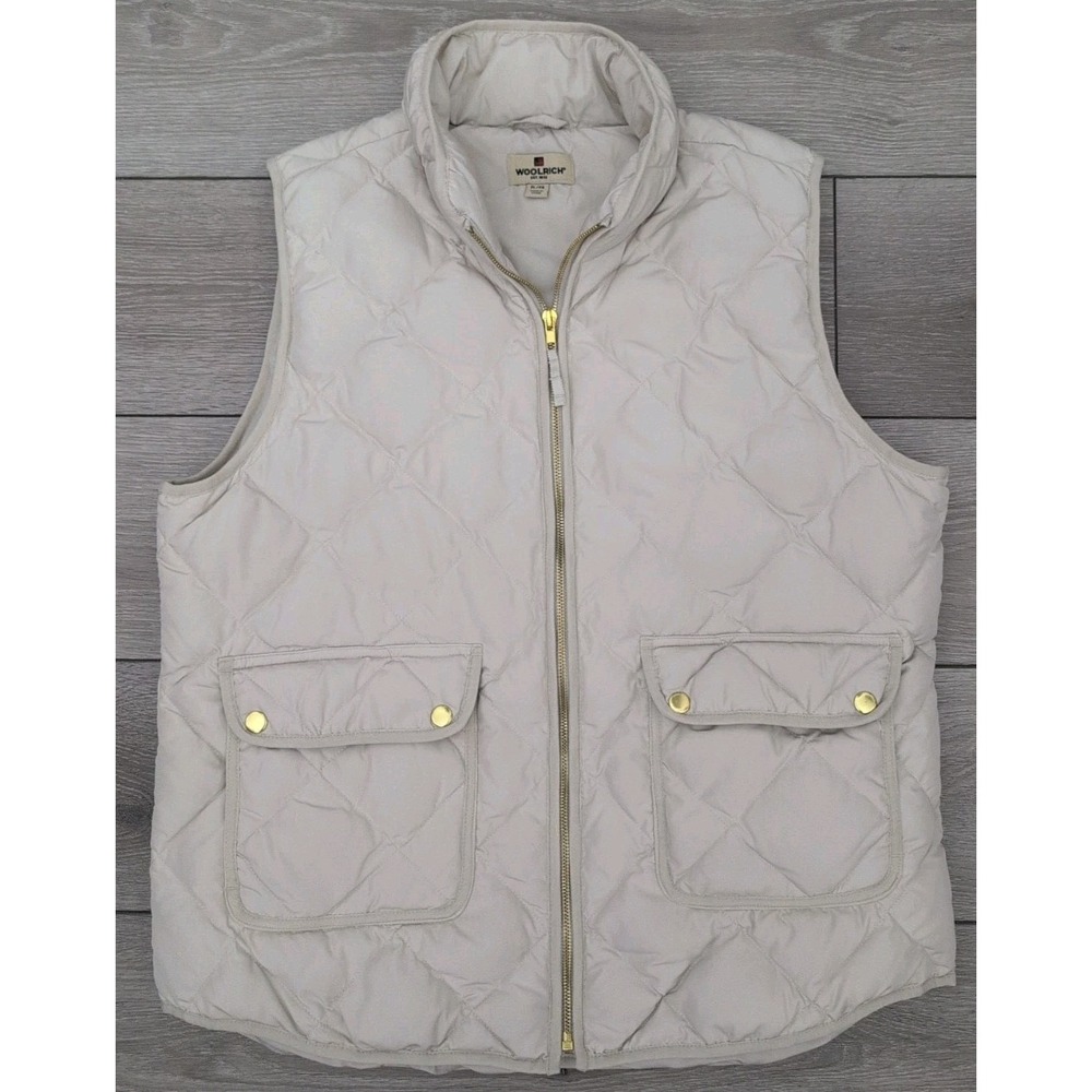 Woolrich Vest Women Sz XL Cream Duck Down Feather Quilted Full Zip Golden Button